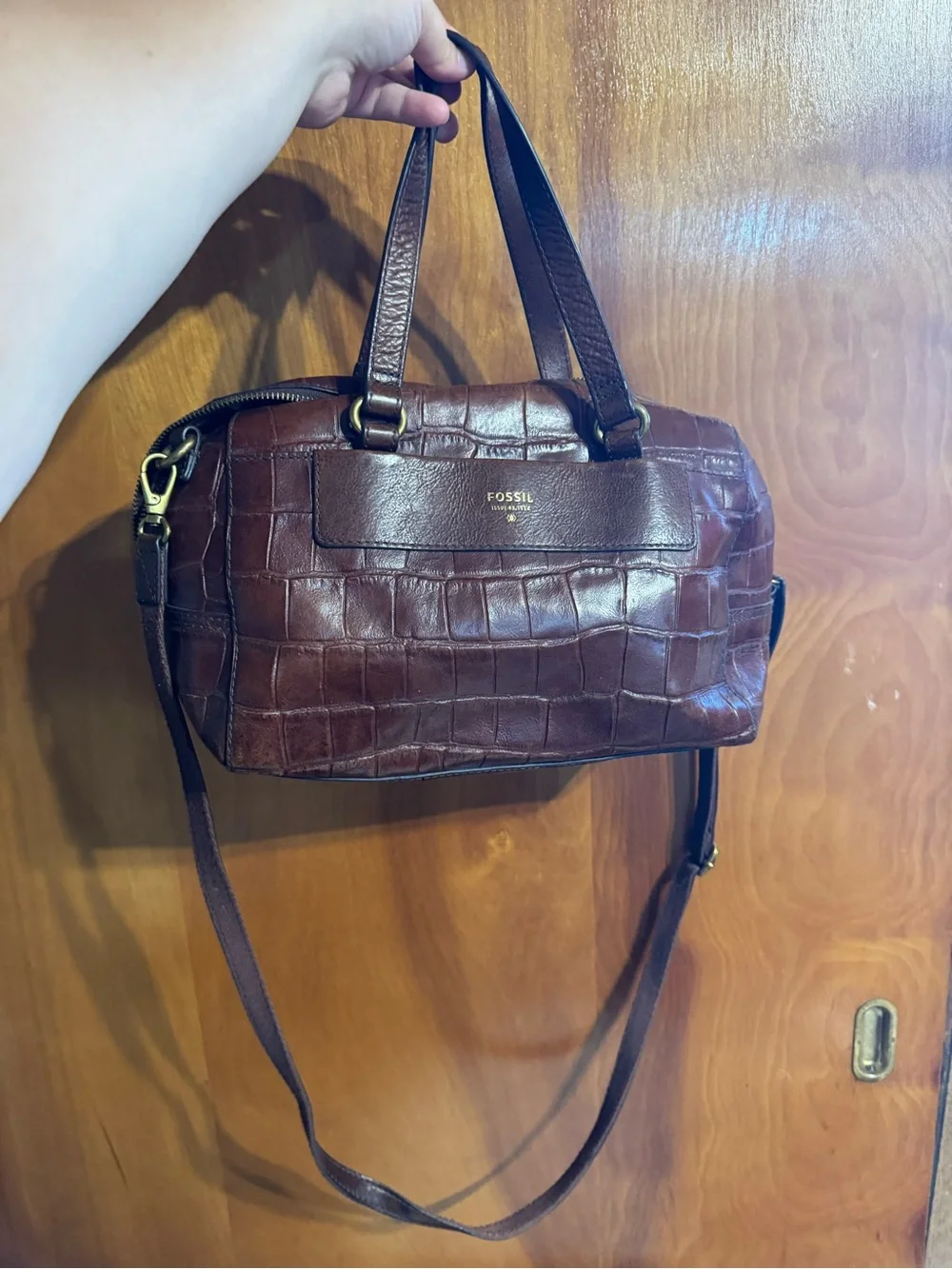 Fossil Brown Croc-Embossed Leather Satchel